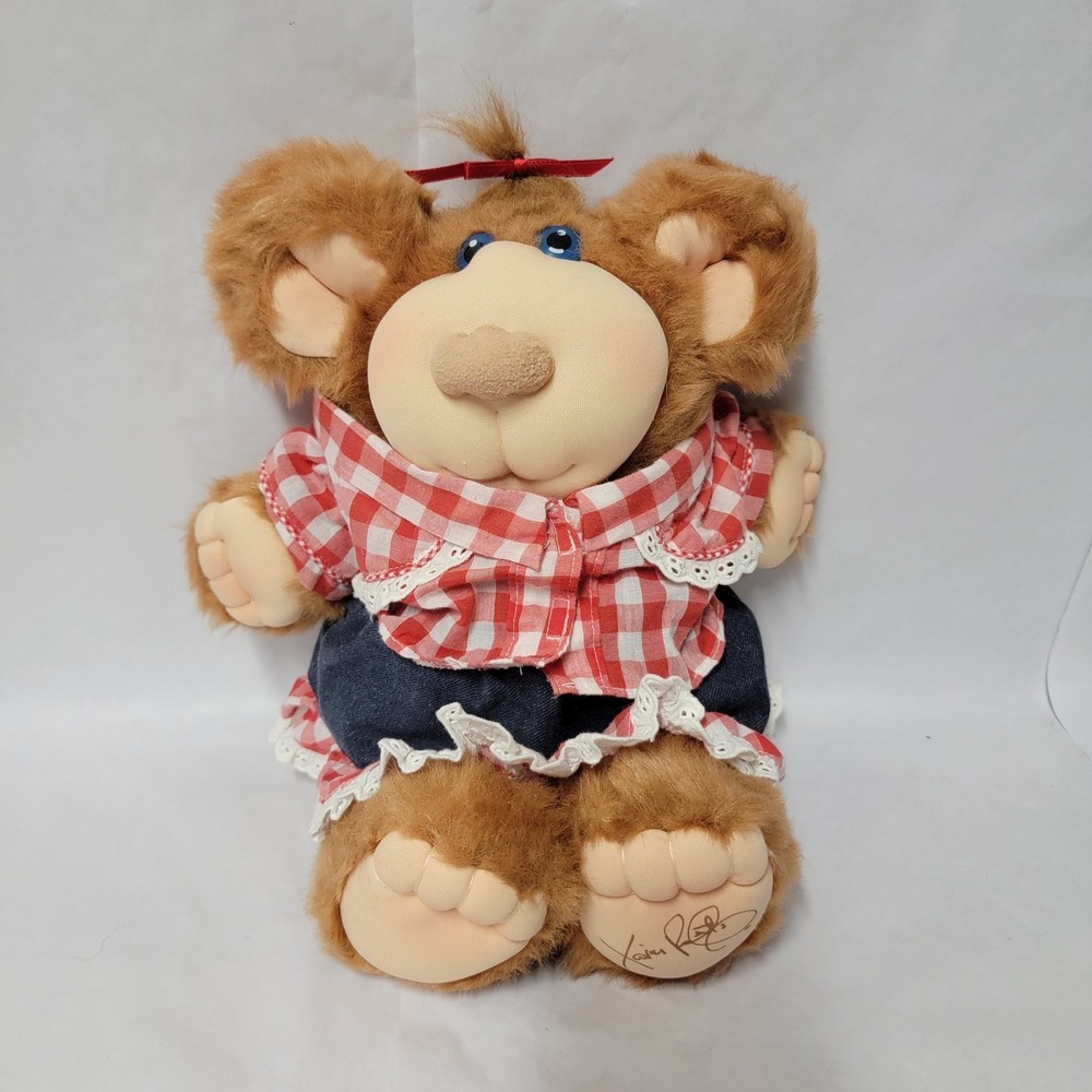 Vintage Cabbage Patch Kids Furskins Bear Plush Toy 1983 Red‎ Gingham Dress
